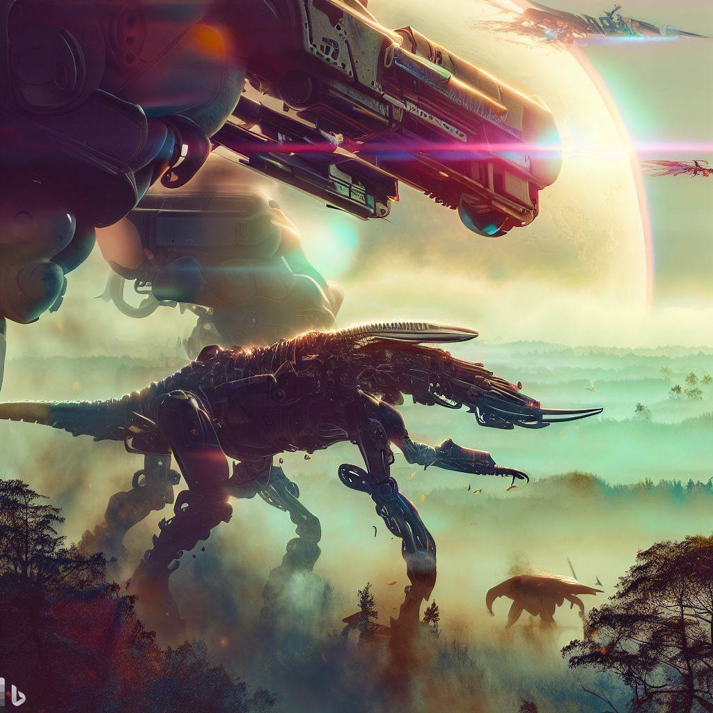 future mech dinosaur with guns fighting in tall forest, wildlife in foreground, planet, surreal clouds, bloom, lens flare, angle, glass body, h.r. giger style 2.jpg